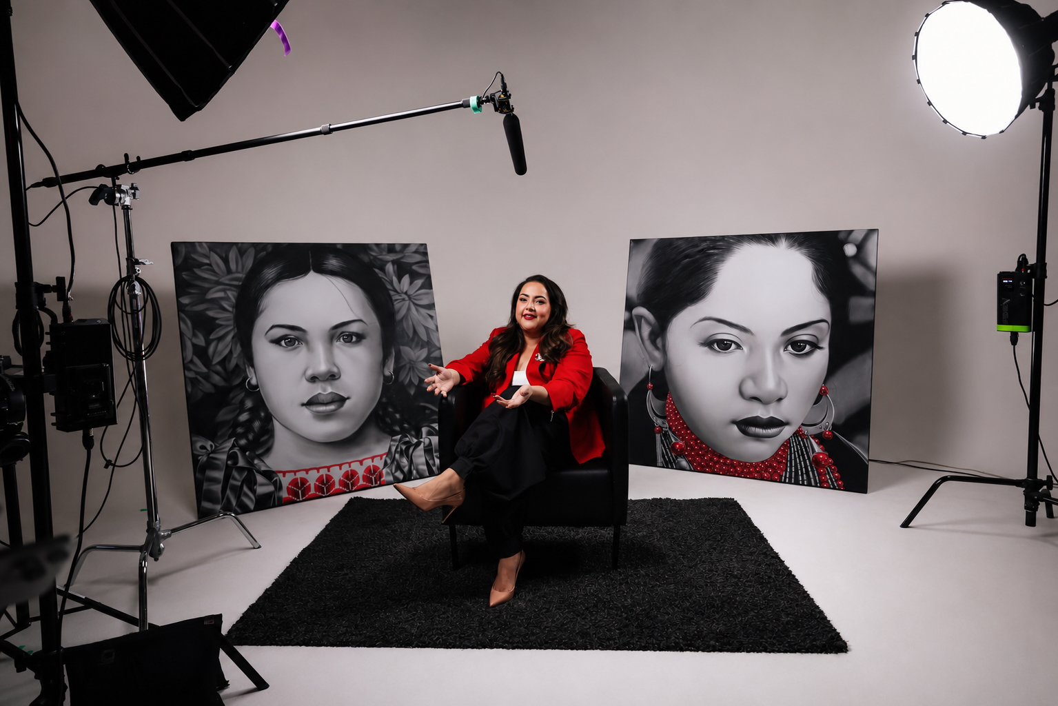 Tania Torres in a red blazer beside production equipment